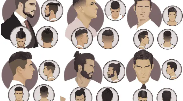Ilustracja przedstawia różne męskie fryzury, w tym koki, podcięcia i klasyczne cięcia.